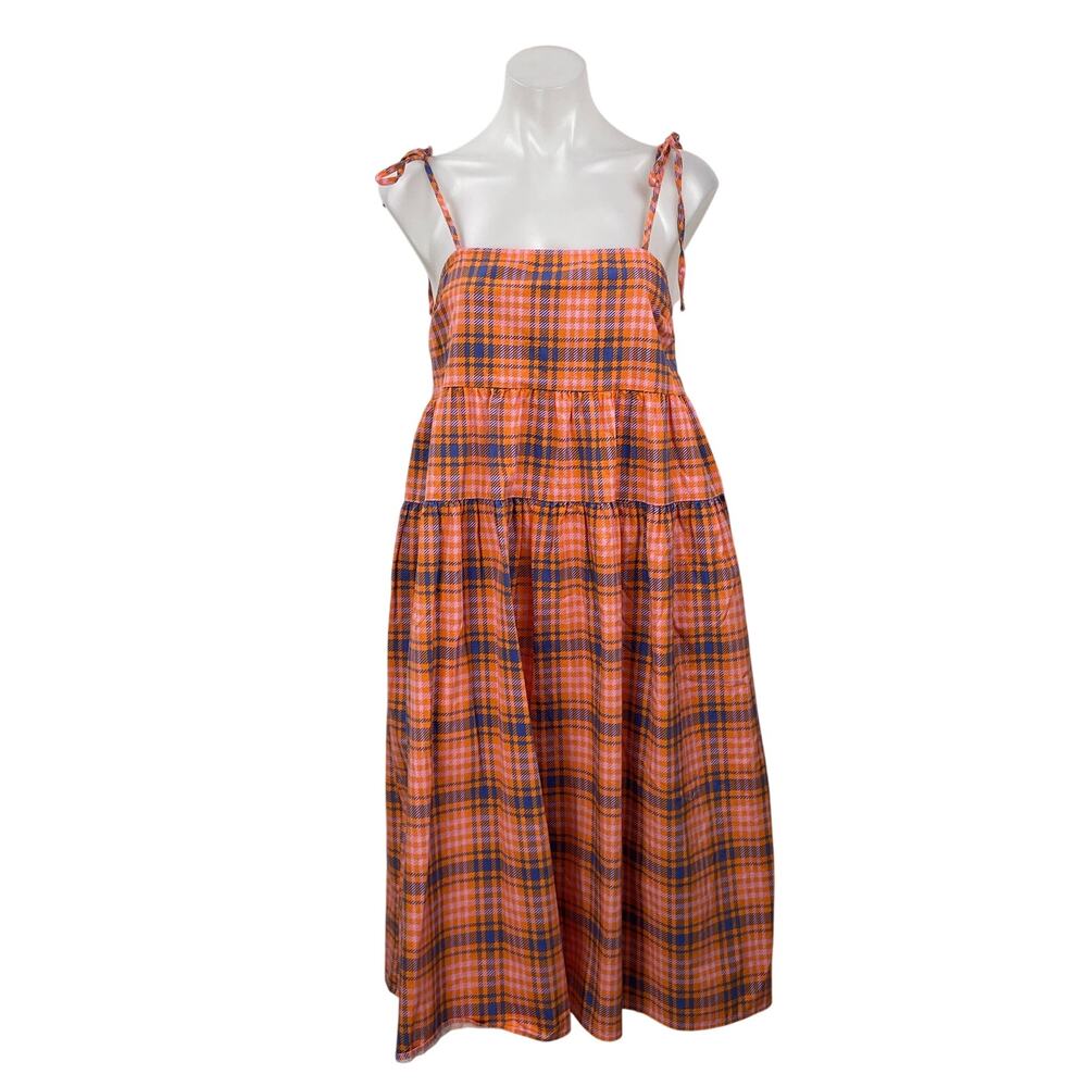 Collusion Orange Blue Plaid Check Sleeveless Tie Tiered A Line Midi Dress Size 6
